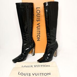 Louis Vuitton Black Patent Leather Knee High Heeled Boots EU 36.5 Square Toe